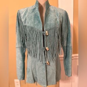 Scully Teal Boar Fringe Leather Jacket Bone Toggles size S